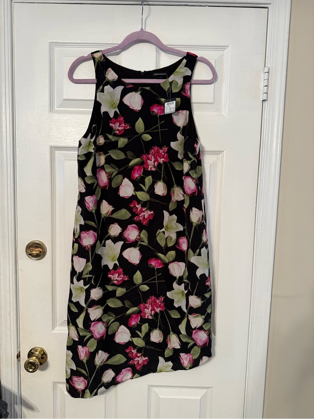 Club Monaco Black Floral Shift Dress with Pink & Green Accents 100% Silk Shell
